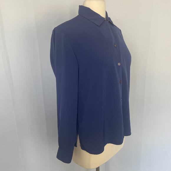 Vintage Blouse Top Size Small Blue Solid Long Sleeve Button Minimalist Office - Picture 6 of 13
